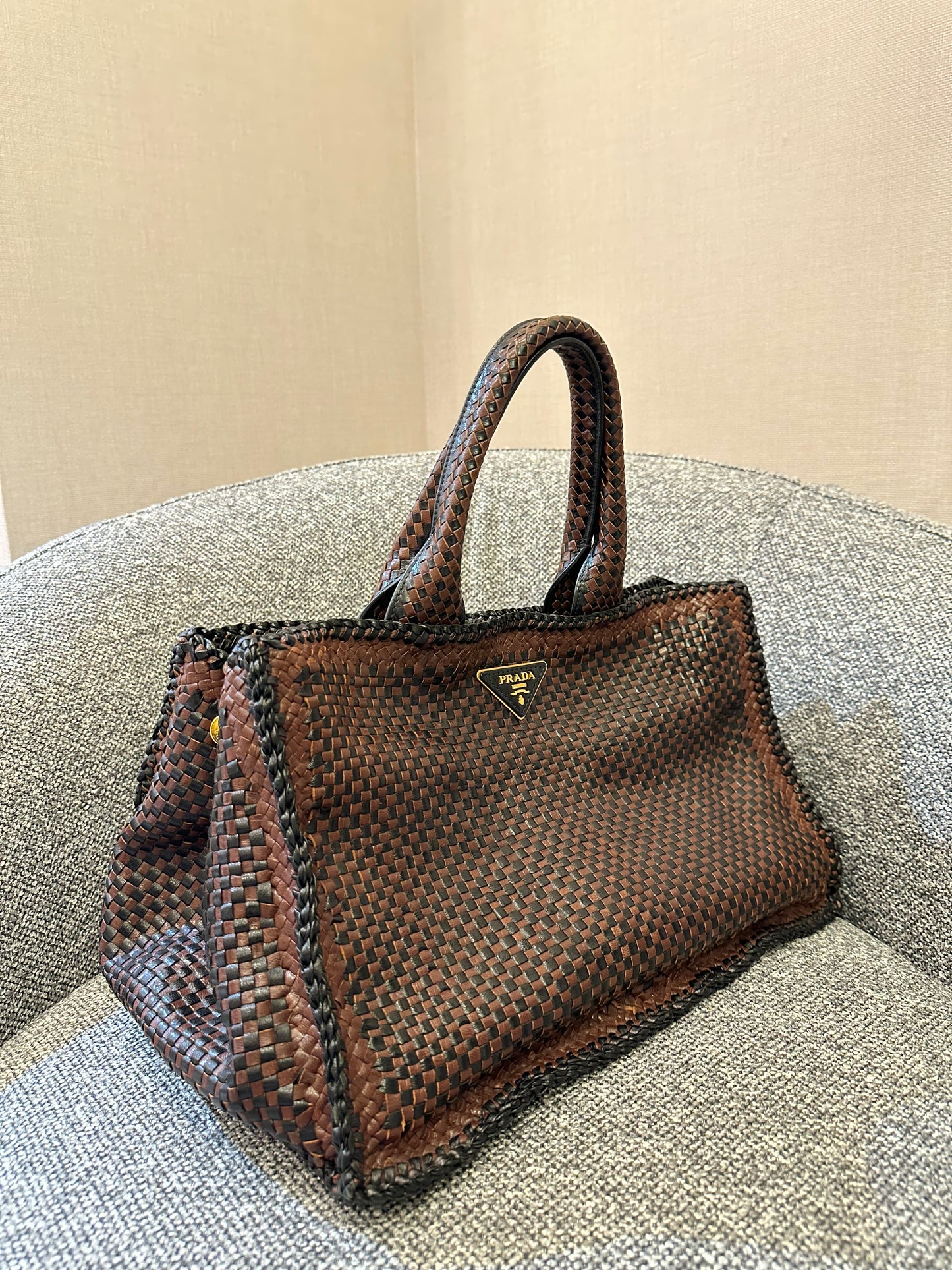 Prada Madras Tote Bag In Brown Woven Goatskin Leather