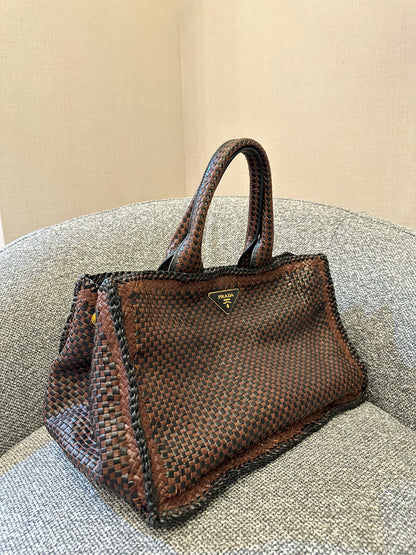 Prada Madras Tote Bag In Brown Woven Goatskin Leather