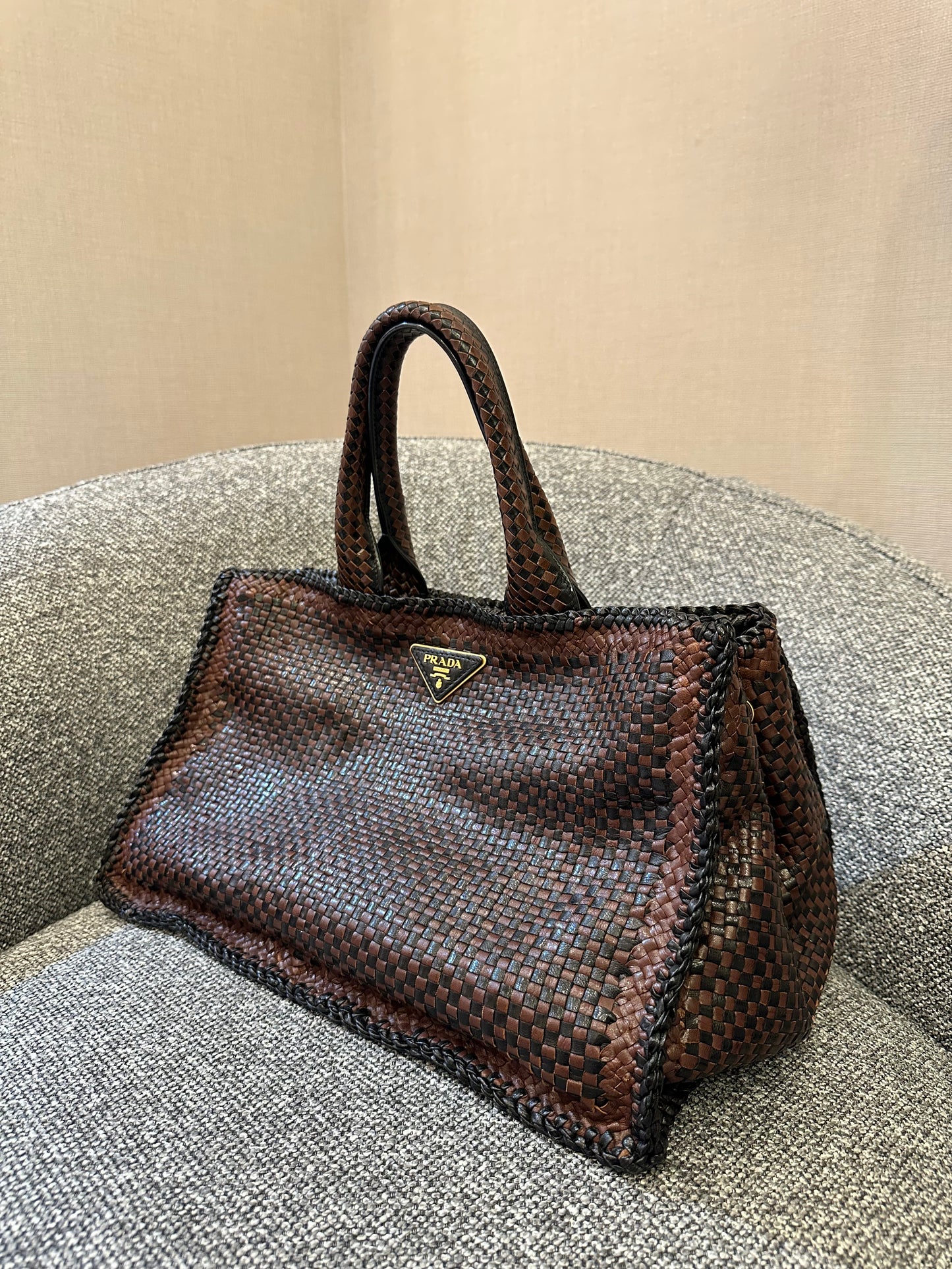 Prada Madras Tote Bag In Brown Woven Goatskin Leather