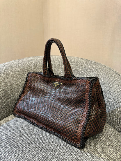 Prada Madras Tote Bag In Brown Woven Goatskin Leather