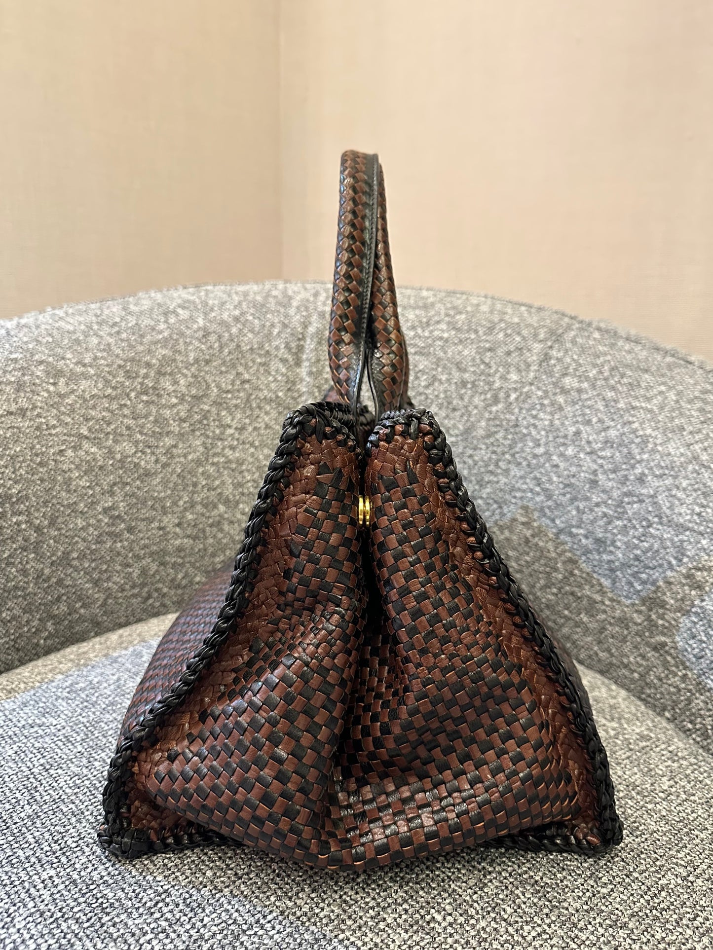 Prada Madras Tote Bag In Brown Woven Goatskin Leather