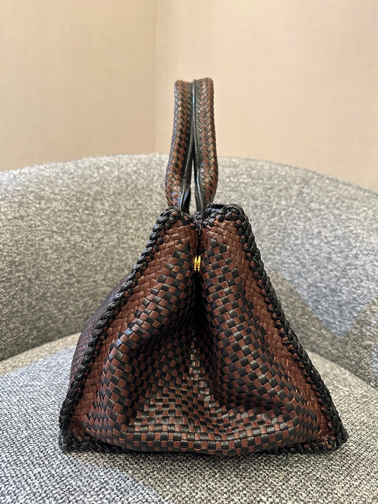 Prada Madras Tote Bag In Brown Woven Goatskin Leather