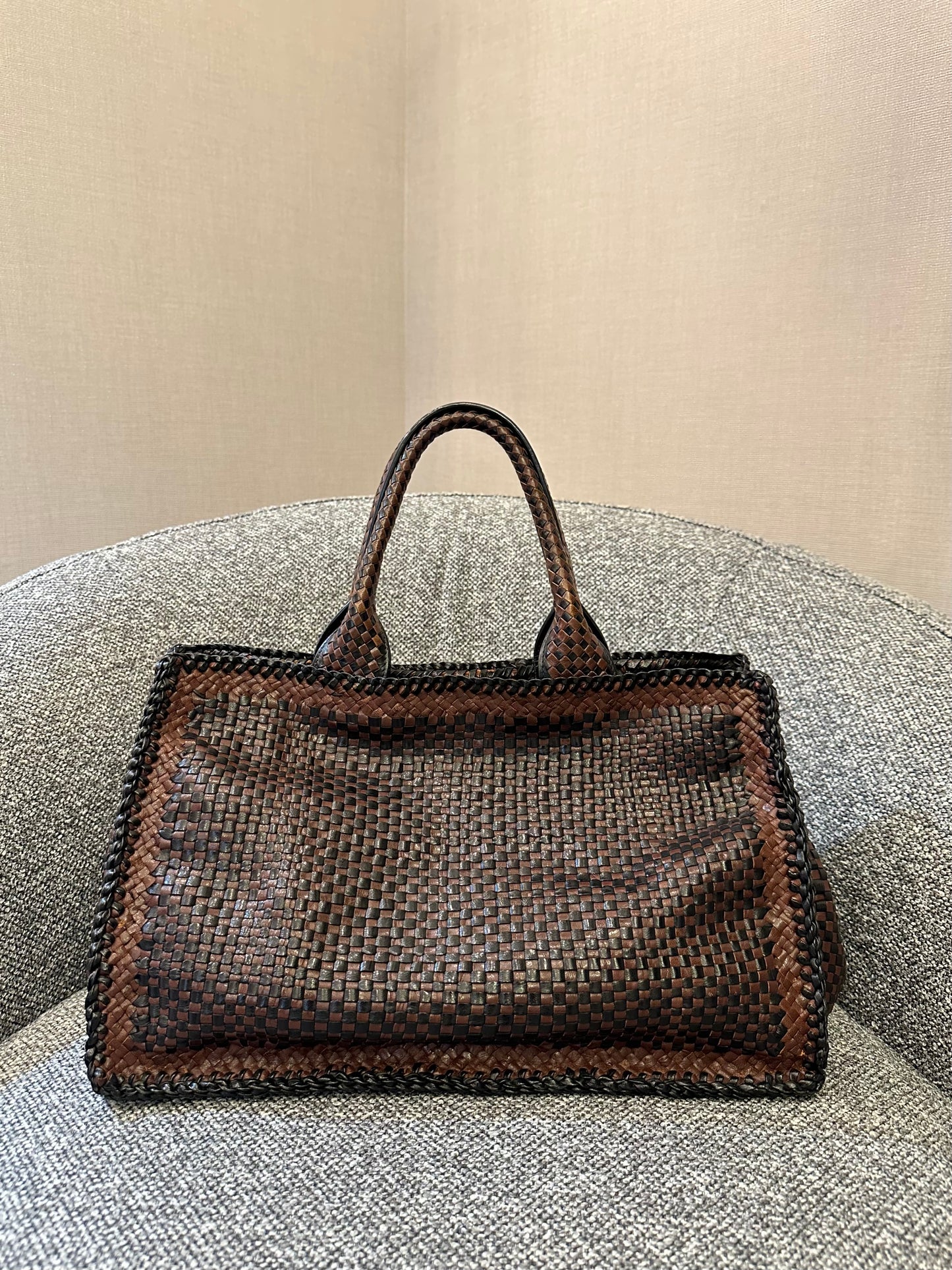 Prada Madras Tote Bag In Brown Woven Goatskin Leather