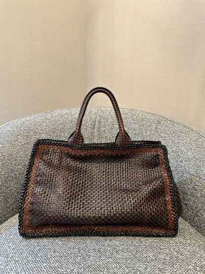Prada Madras Tote Bag In Brown Woven Goatskin Leather