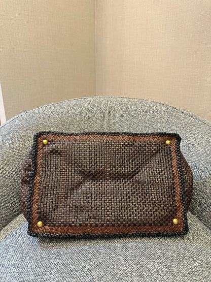 Prada Madras Tote Bag In Brown Woven Goatskin Leather