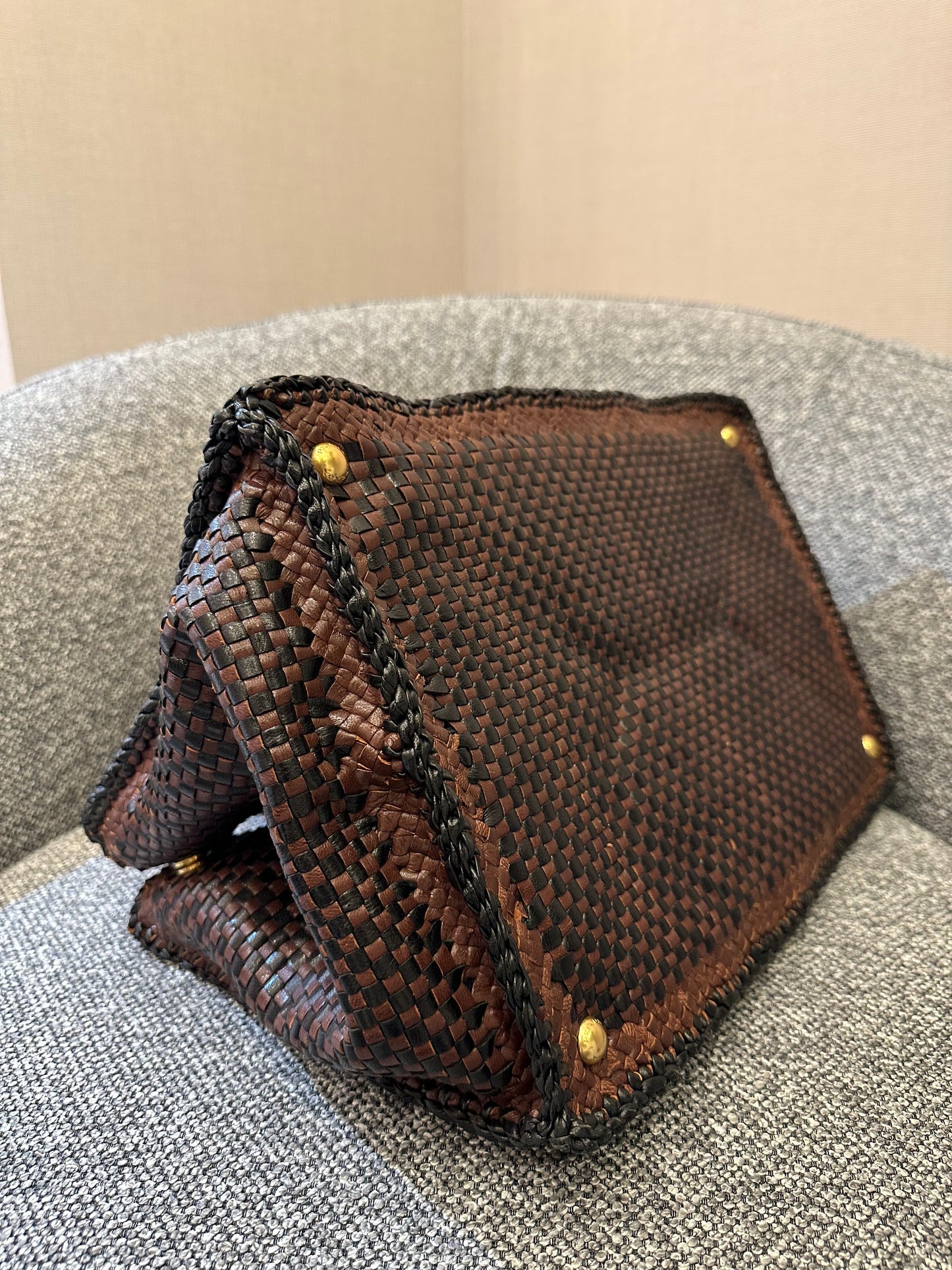 Prada Madras Tote Bag In Brown Woven Goatskin Leather