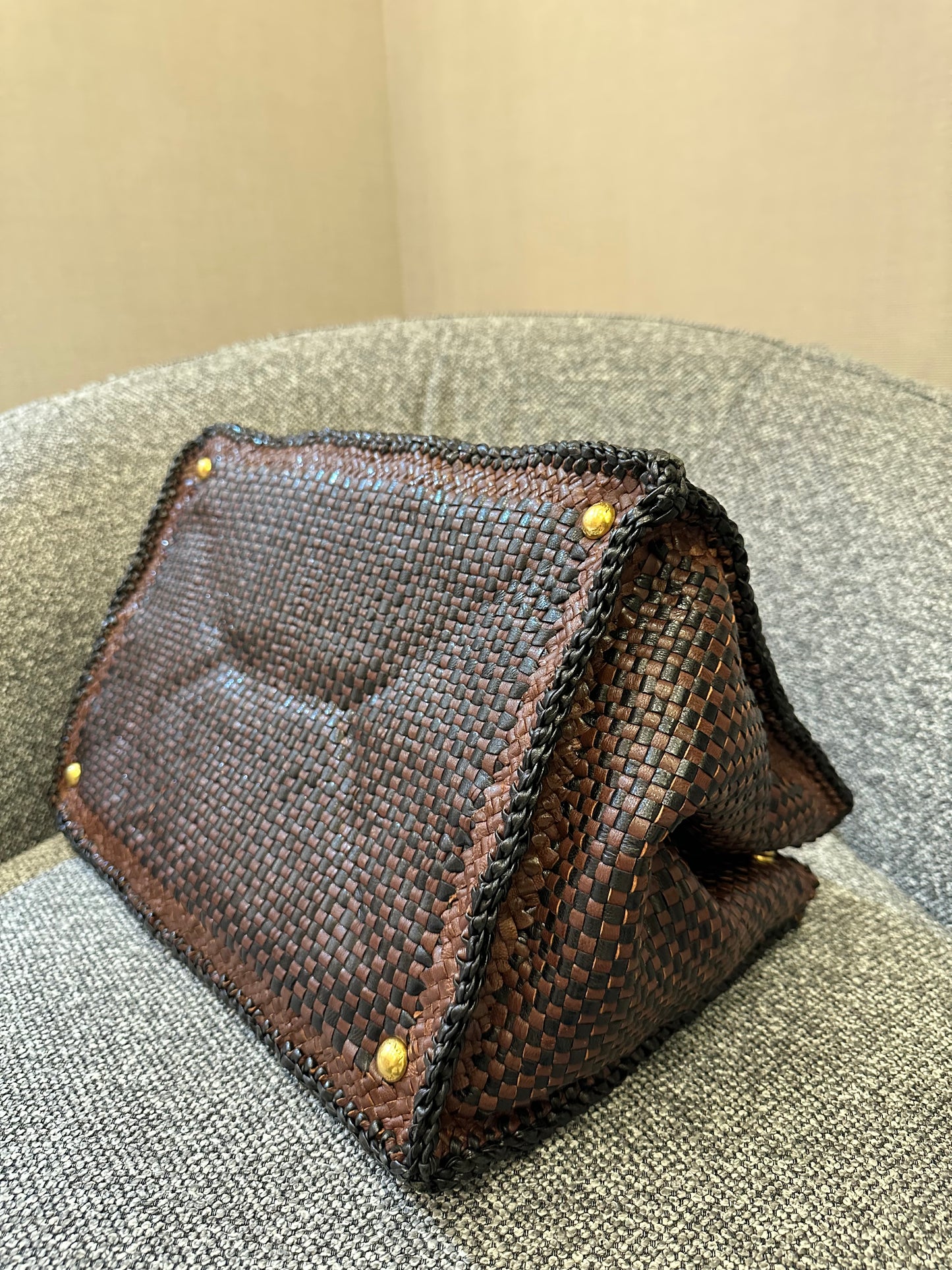 Prada Madras Tote Bag In Brown Woven Goatskin Leather