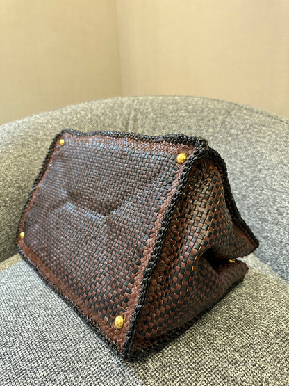 Prada Madras Tote Bag In Brown Woven Goatskin Leather