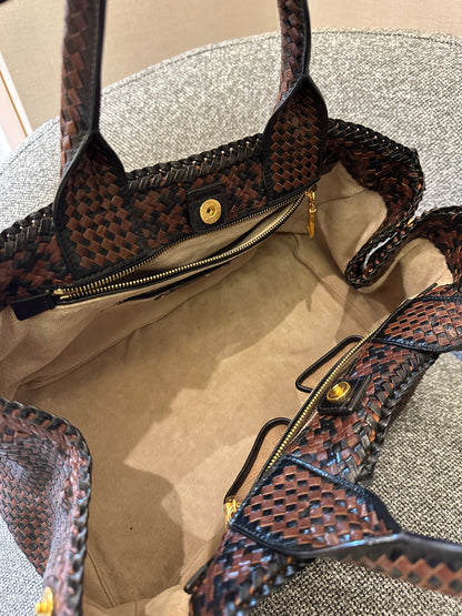 Prada Madras Tote Bag In Brown Woven Goatskin Leather