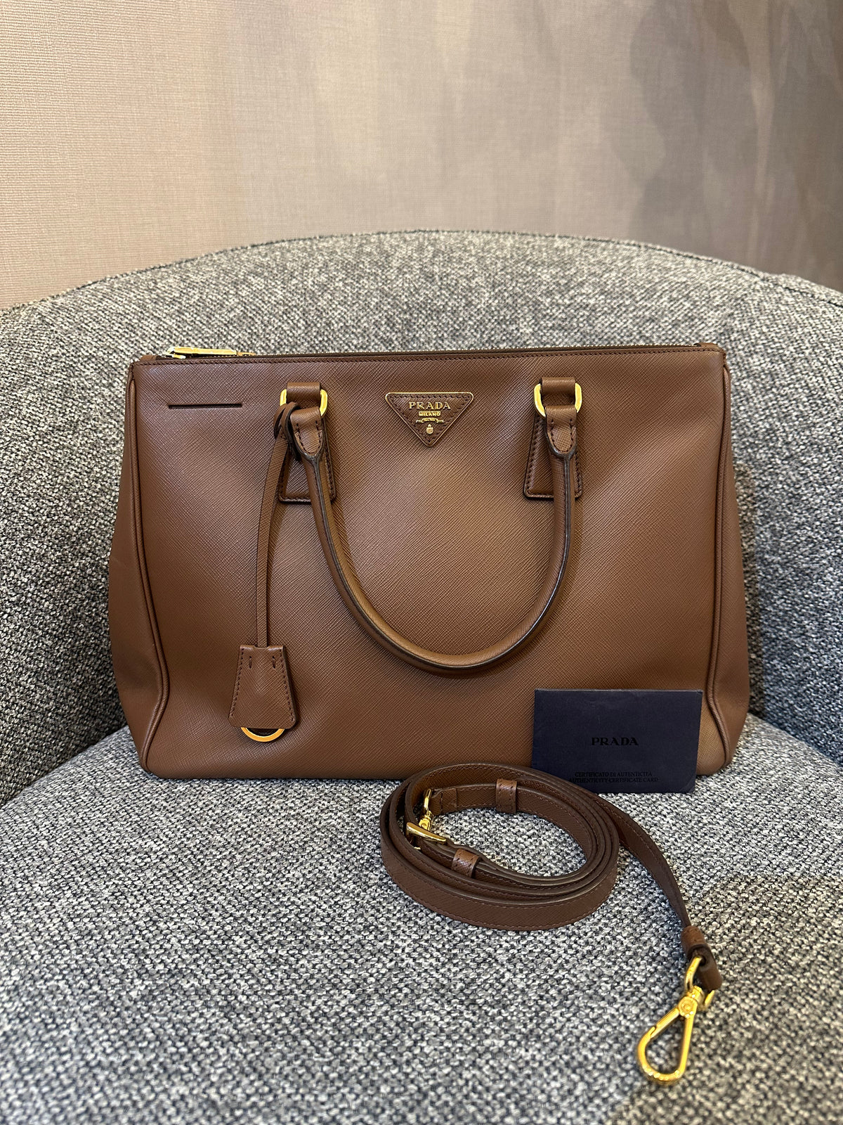 Prada Galleria Double Zip Tote In Brown Saffiano Leather