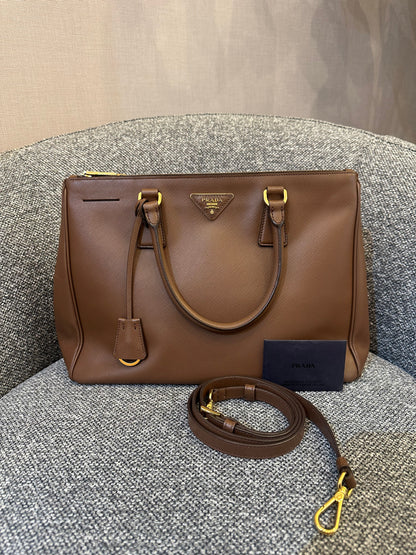 Prada Galleria Double Zip Tote In Brown Saffiano Leather