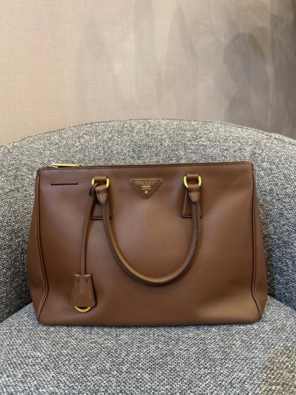 Prada Galleria Double Zip Tote In Brown Saffiano Leather