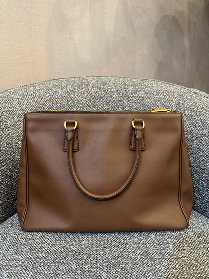 Prada Galleria Double Zip Tote In Brown Saffiano Leather