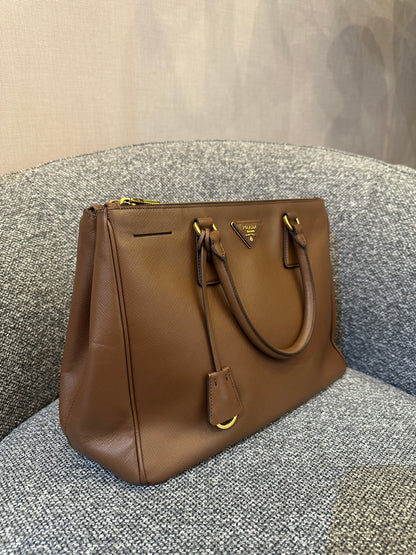 Prada Galleria Double Zip Tote In Brown Saffiano Leather