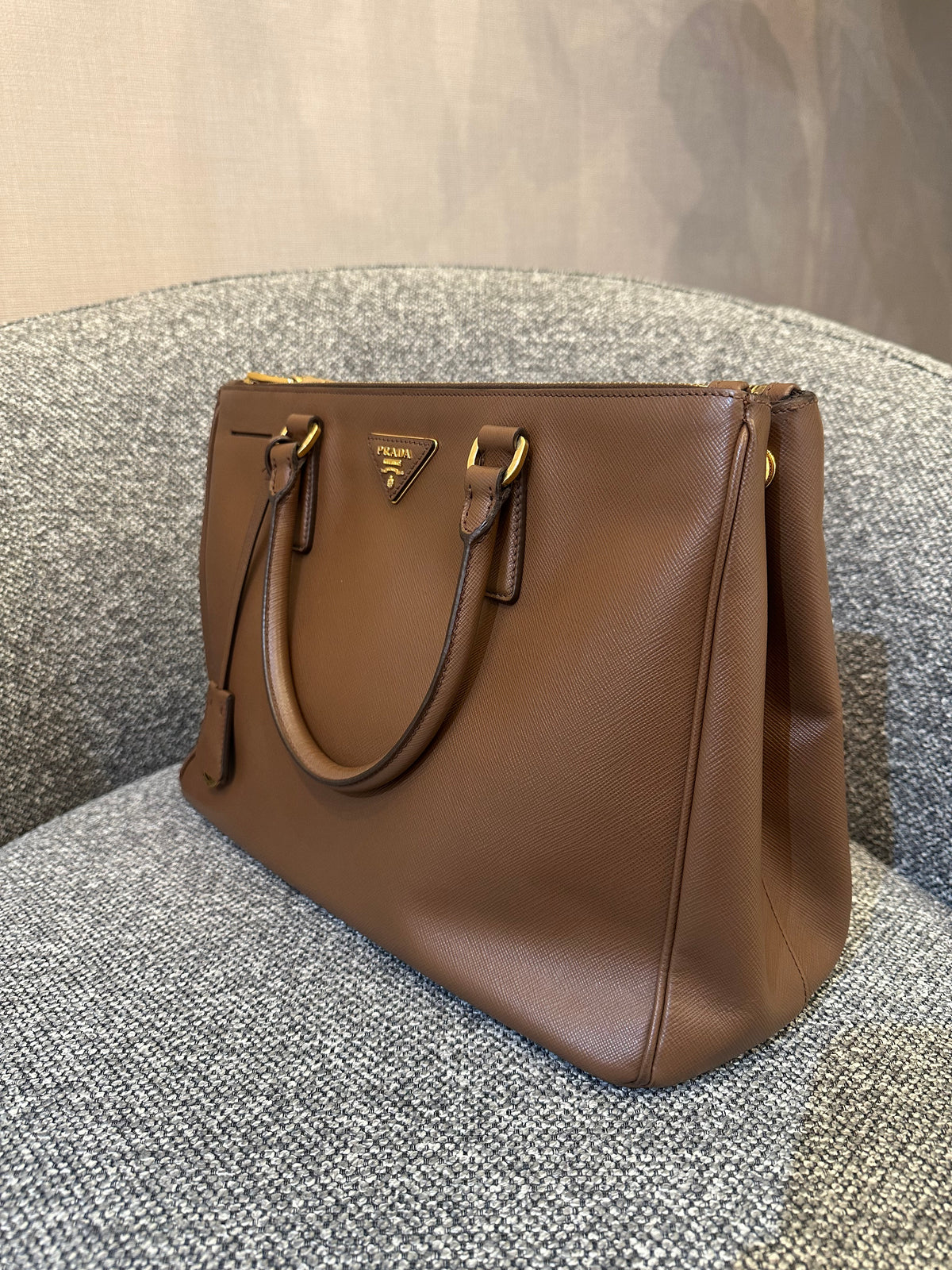 Prada Galleria Double Zip Tote In Brown Saffiano Leather