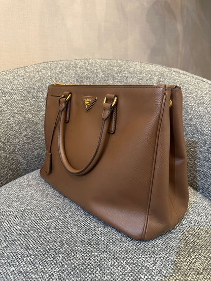 Prada Galleria Double Zip Tote In Brown Saffiano Leather