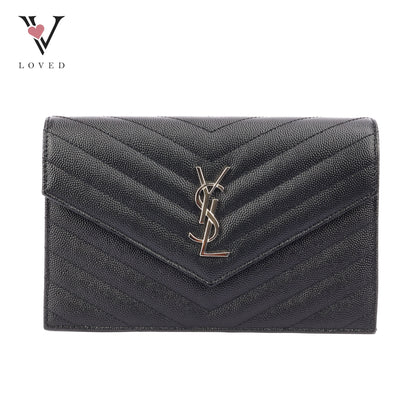 Yves Saint Laurent Cassandre Wallet on Chain in Black Chevron Quilted Leather SHW