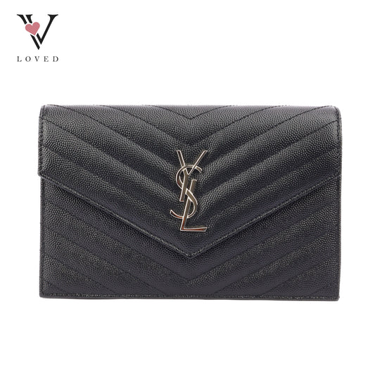 Yves Saint Laurent Cassandre Wallet on Chain in Black Chevron Quilted Leather SHW