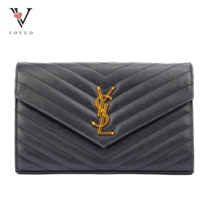 Yves Saint Laurent Cassandre Wallet on Chain in Black Chevron Quilted Leather GHW