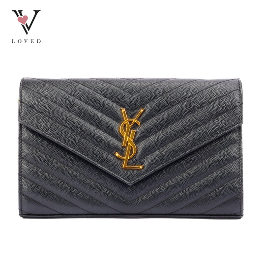 Yves Saint Laurent Cassandre Wallet on Chain in Black Chevron Quilted Leather GHW