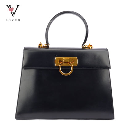 Salvatore Ferragamo Gancini Top Handle Bag in Black Leather