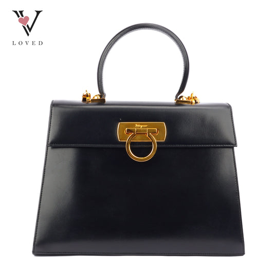 Salvatore Ferragamo Gancini Top Handle Bag in Black Leather