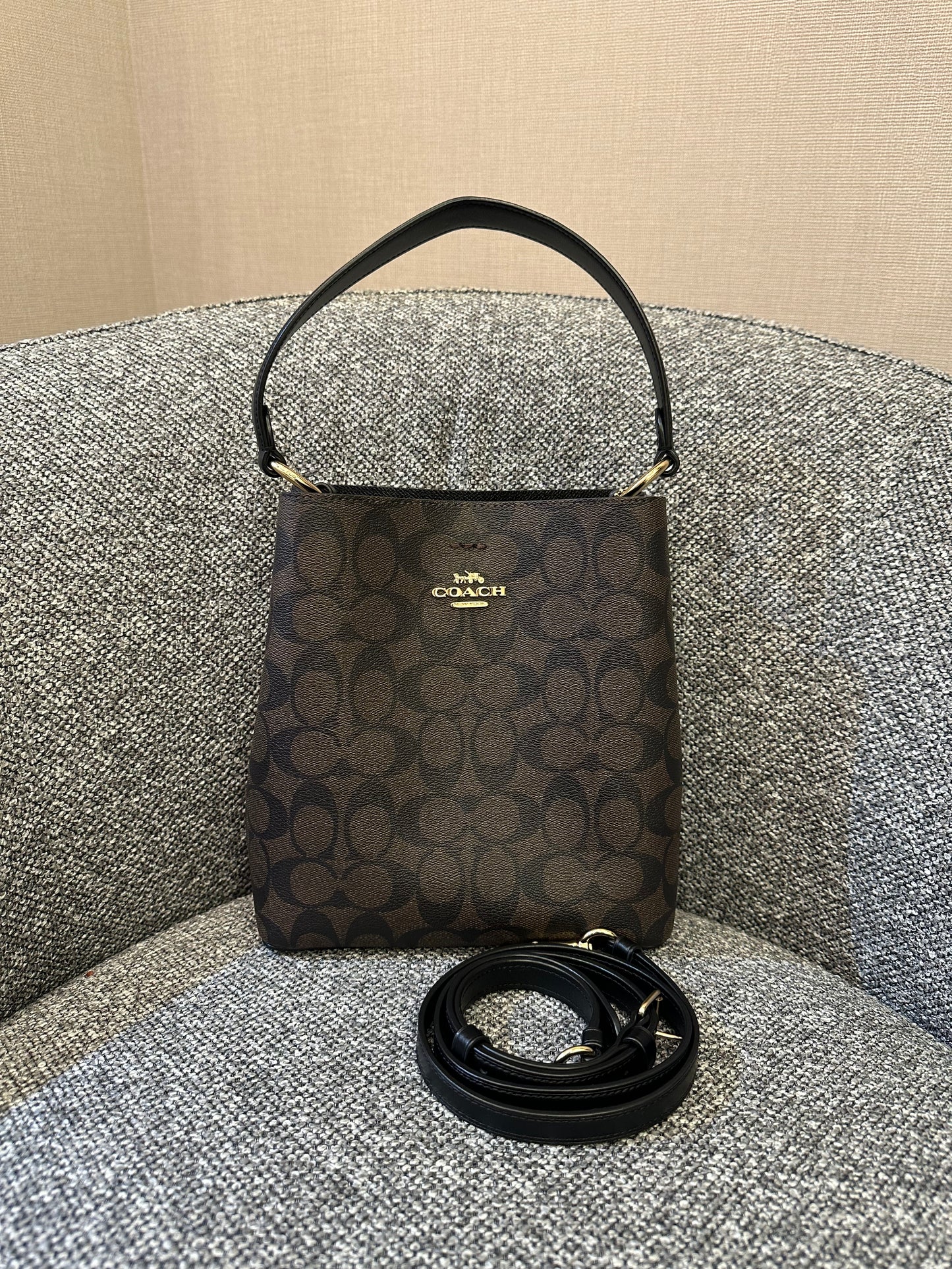 Coach Small Town Bucket Bag In Dark Brown Monogram Signature Canvas