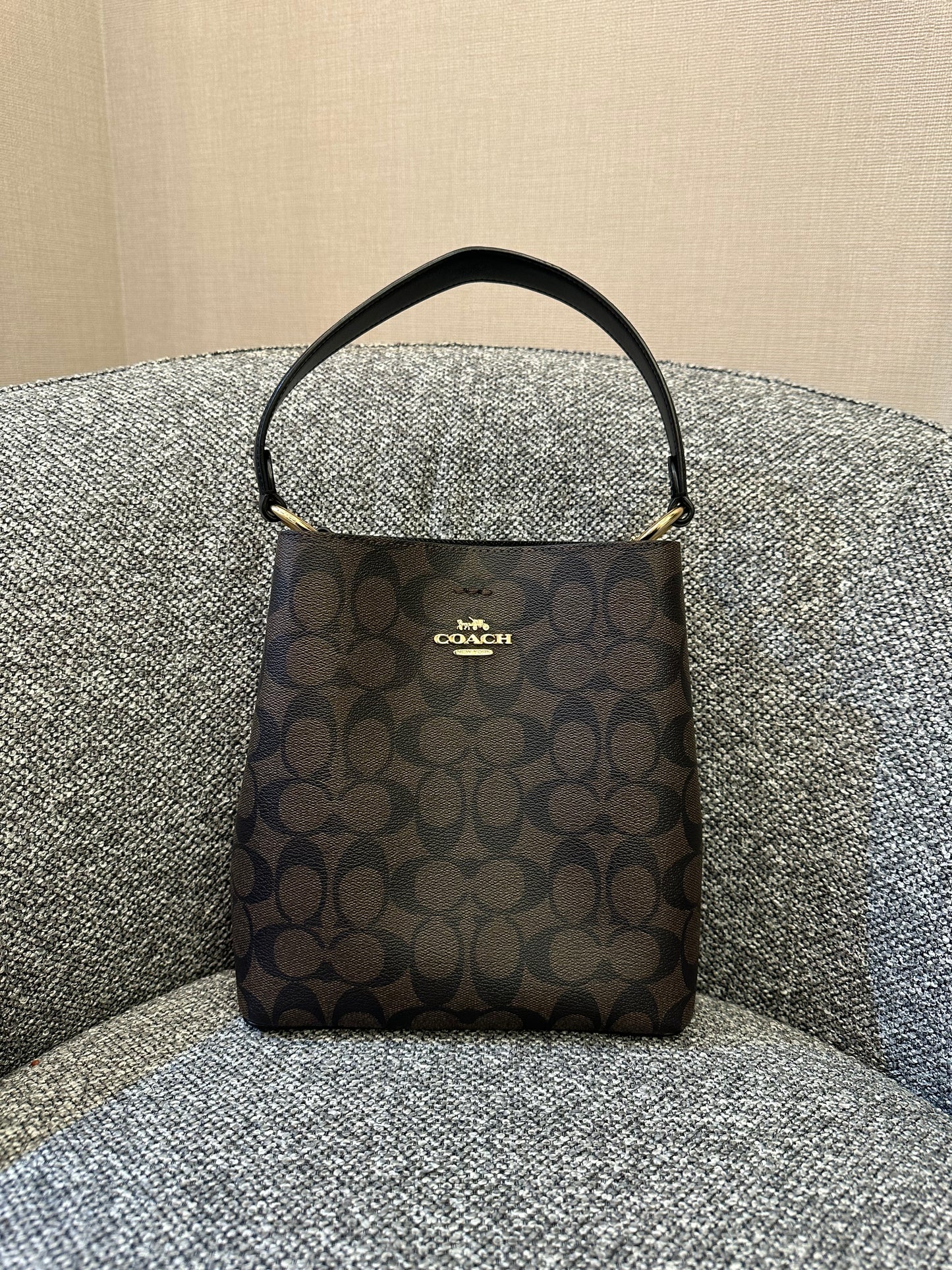 Coach Small Town Bucket Bag In Dark Brown Monogram Signature Canvas