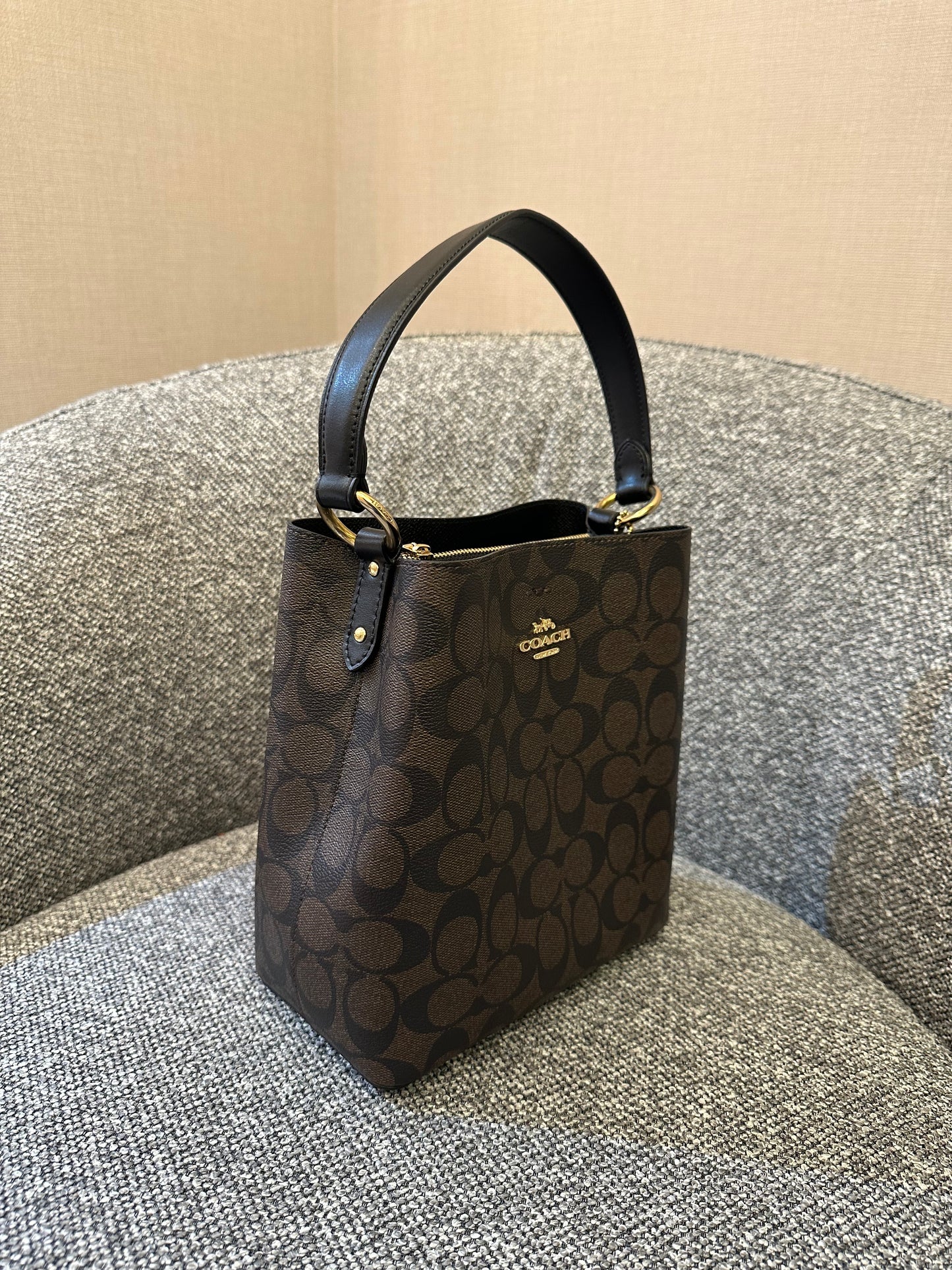 Coach Small Town Bucket Bag In Dark Brown Monogram Signature Canvas