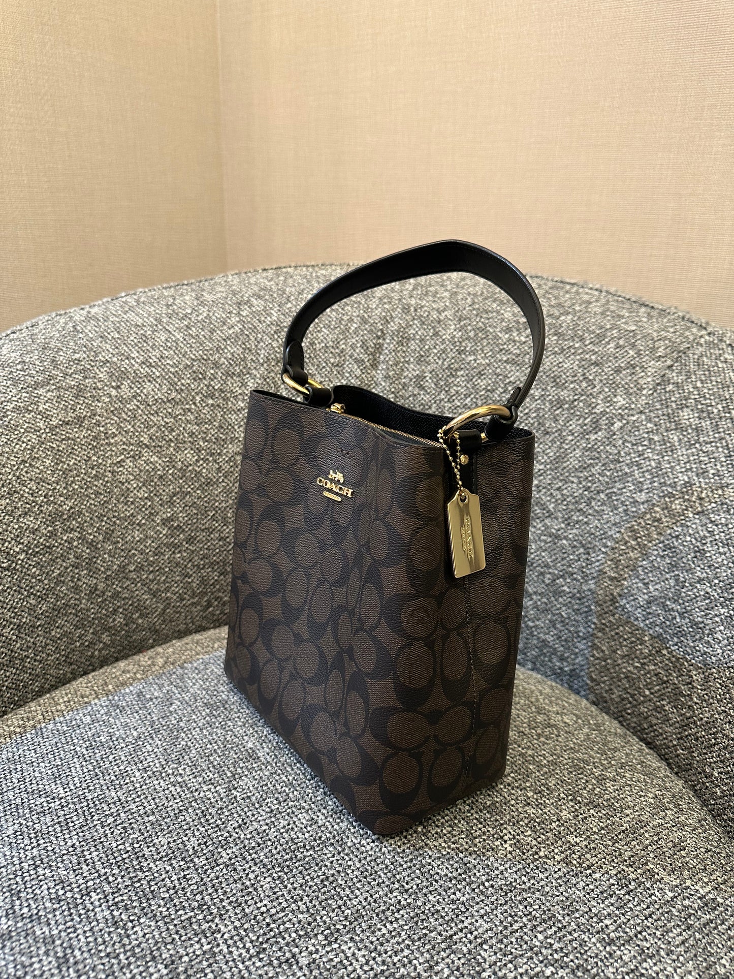 Coach Small Town Bucket Bag In Dark Brown Monogram Signature Canvas