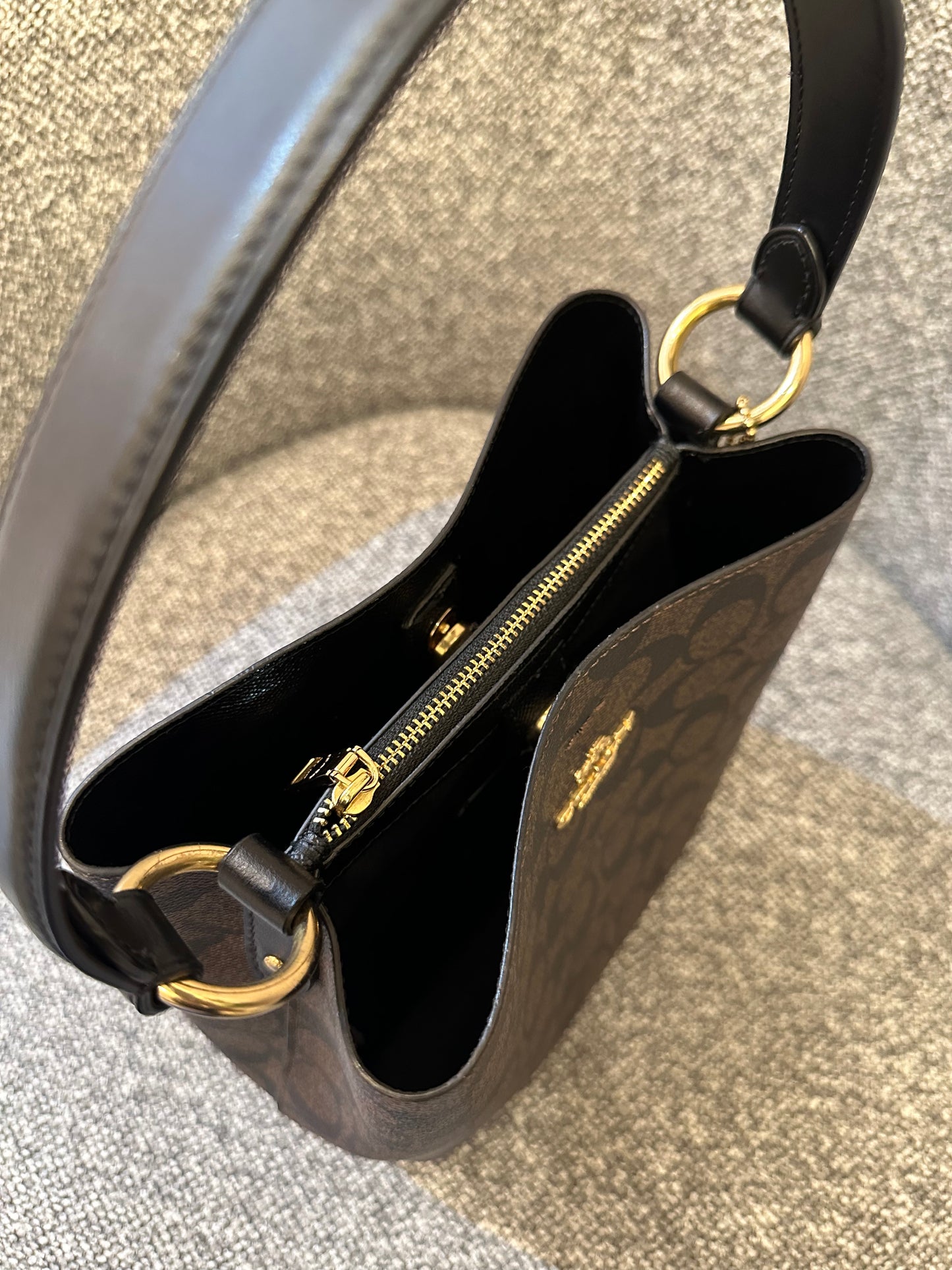 Coach Small Town Bucket Bag In Dark Brown Monogram Signature Canvas