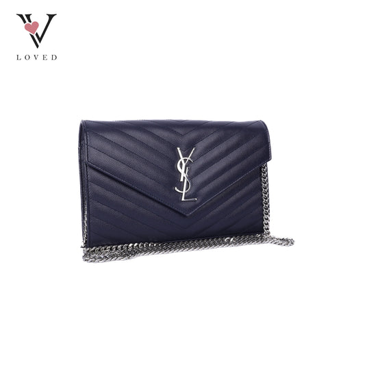 Dark Blue Cassandre Envelope Chain Wallet In Grain De Poudre Leather