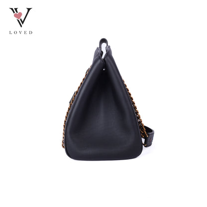 Noir Calf Leather New Wave Chain Tote Bag