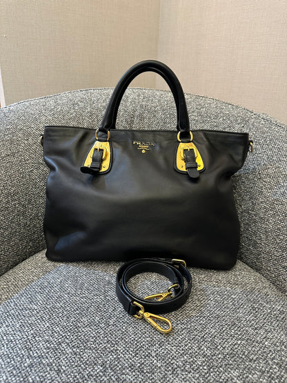 Prada Vitello Diner Tote Bag In Black Soft Calfskin Leather