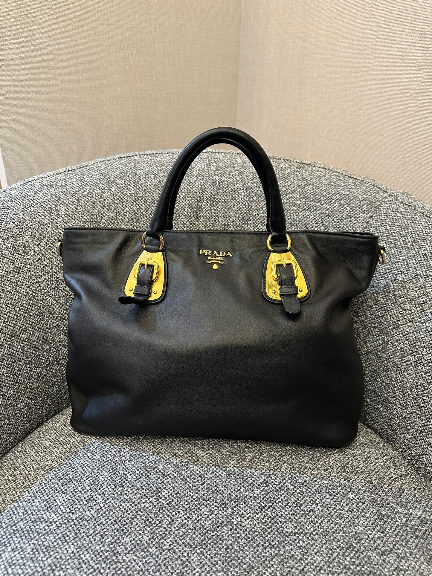 Prada Vitello Diner Tote Bag In Black Soft Calfskin Leather
