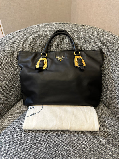 Prada Vitello Diner Tote Bag In Black Soft Calfskin Leather