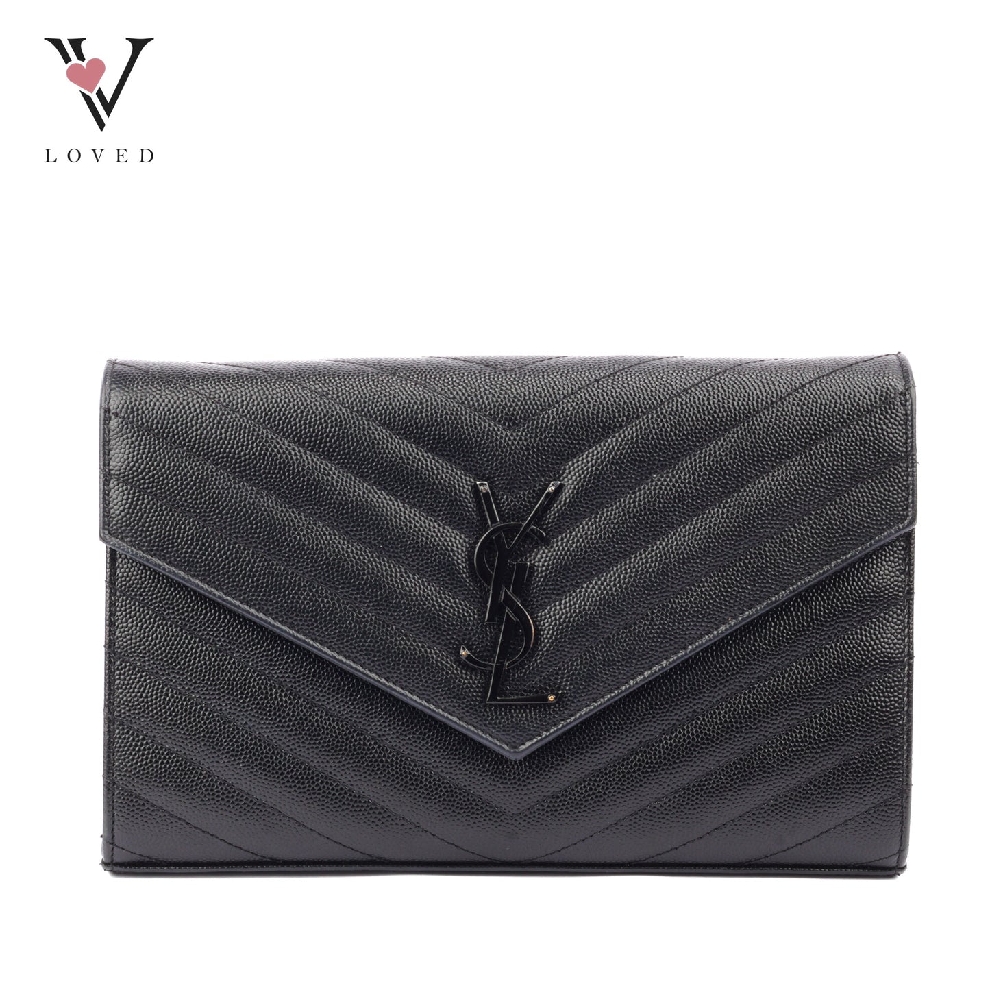 Yves Saint Laurent Cassandre Envelope Chain Wallet In Black Grain De Poudre Embossed Leather