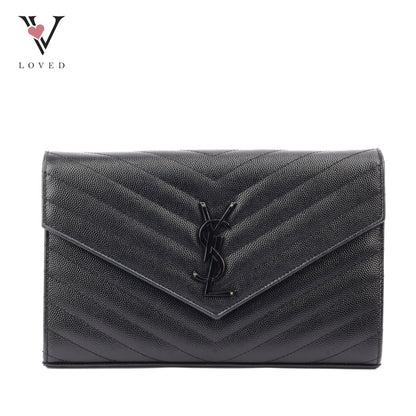 Yves Saint Laurent Cassandre Envelope Chain Wallet In Black Grain De Poudre Embossed Leather