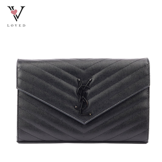 Yves Saint Laurent Cassandre Envelope Chain Wallet In Black Grain De Poudre Embossed Leather