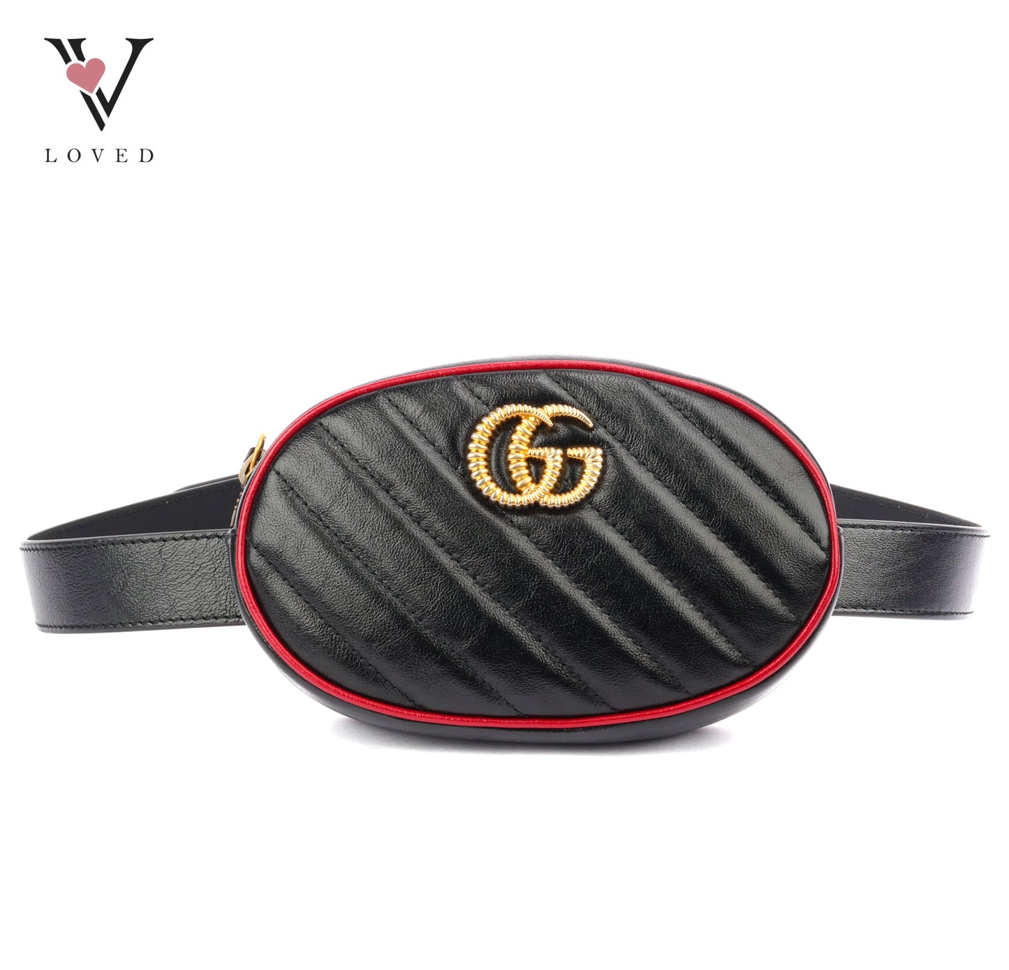 Gucci GG Marmont Matelassé Leather Belt Bag in Black and Red Trim