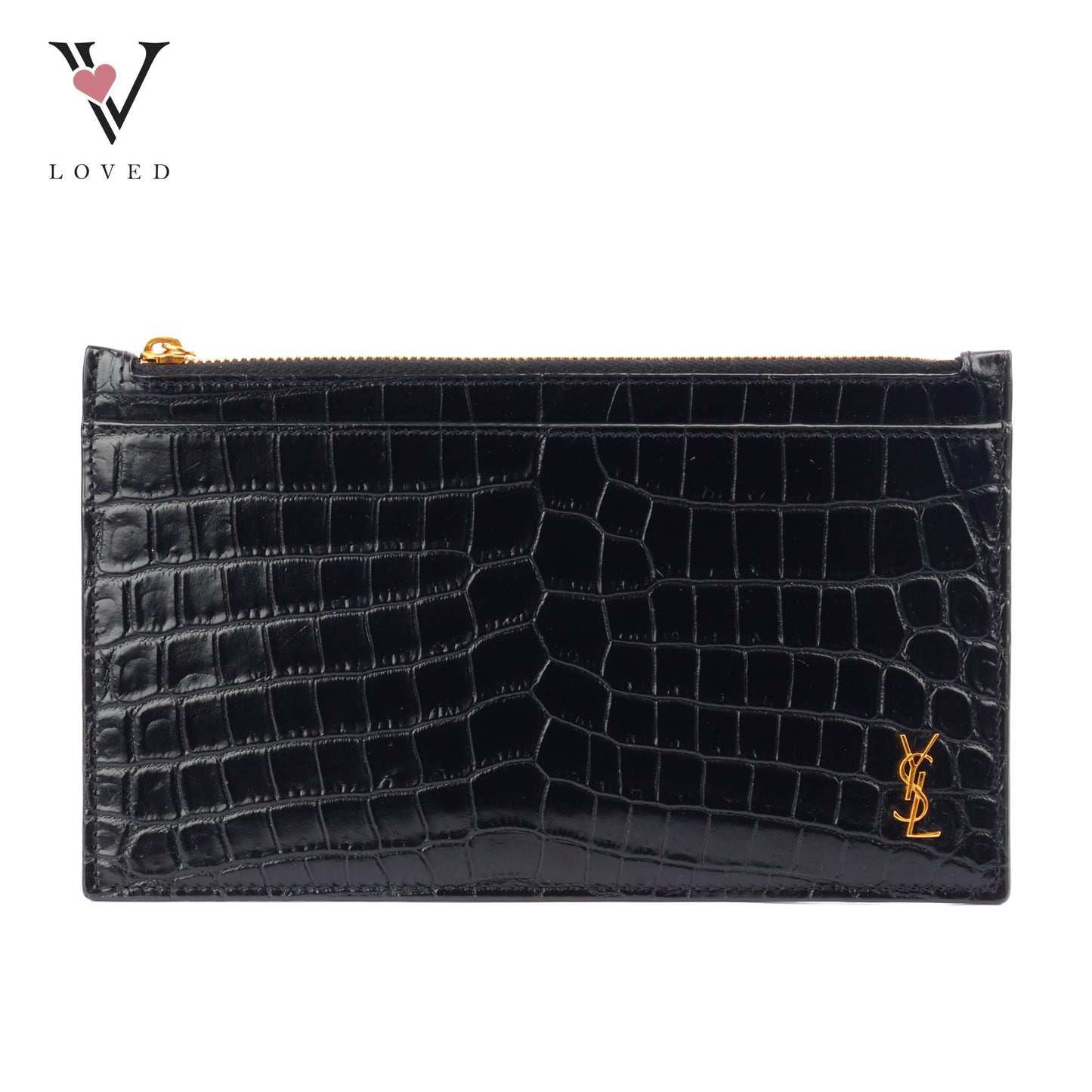 Yves Saint Laurent Tiny Monogram Zipper Clutch in Black Crocodile-Embossed Shiny Leather