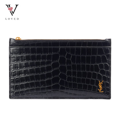 Yves Saint Laurent Tiny Monogram Zipper Clutch in Black Crocodile-Embossed Shiny Leather