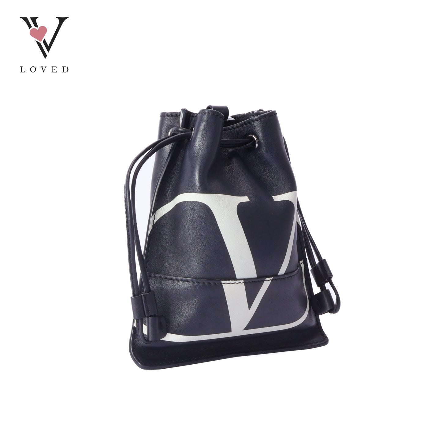 V-Logo Drawstring Pouch In Black Leather Bag