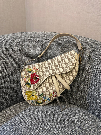 Christian Dior Trotter Saddle Bag in Beige Monogram Canvas with Multicolor Floral Embroidery