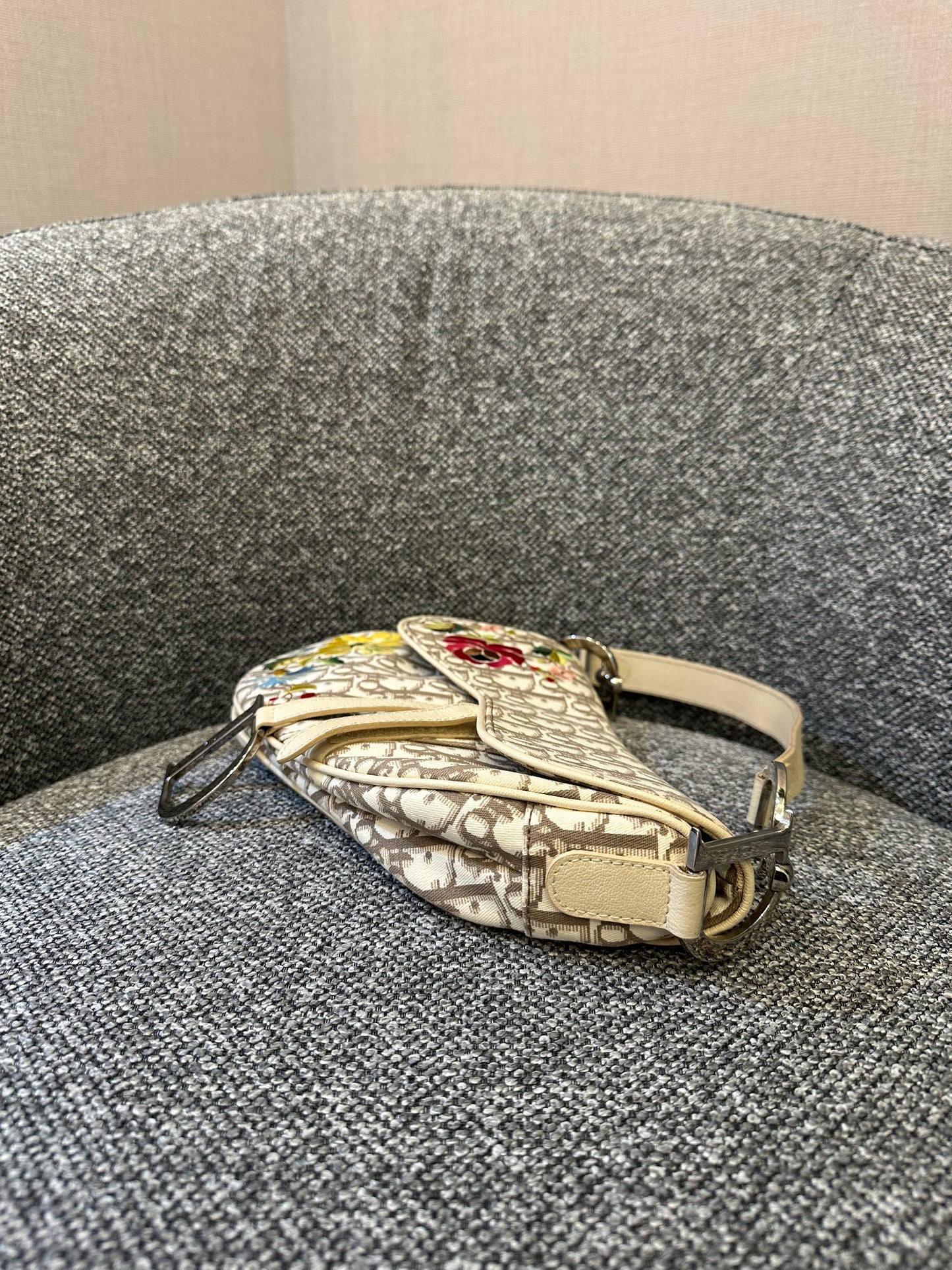 Christian Dior Trotter Saddle Bag in Beige Monogram Canvas with Multicolor Floral Embroidery
