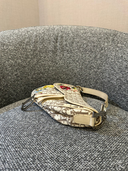 Christian Dior Trotter Saddle Bag in Beige Monogram Canvas with Multicolor Floral Embroidery