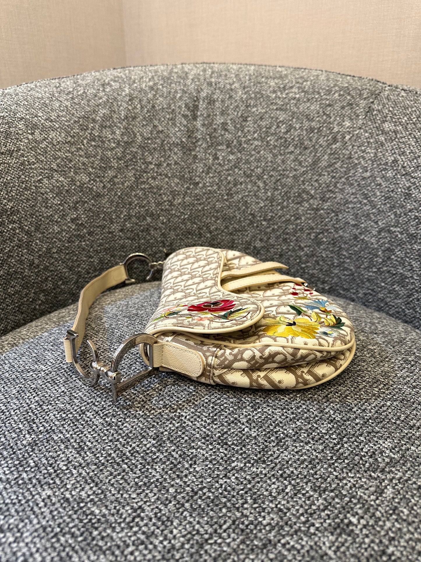 Christian Dior Trotter Saddle Bag in Beige Monogram Canvas with Multicolor Floral Embroidery