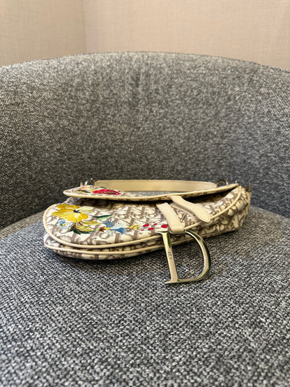 Christian Dior Trotter Saddle Bag in Beige Monogram Canvas with Multicolor Floral Embroidery