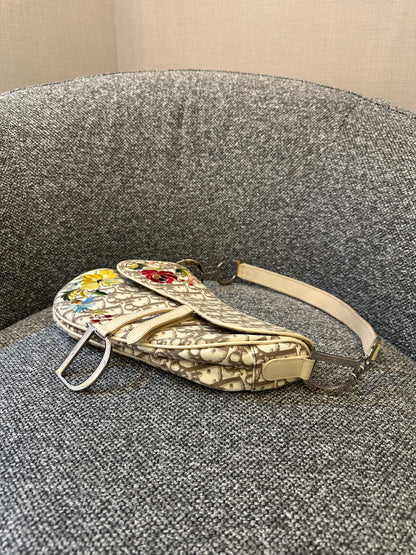 Christian Dior Trotter Saddle Bag in Beige Monogram Canvas with Multicolor Floral Embroidery