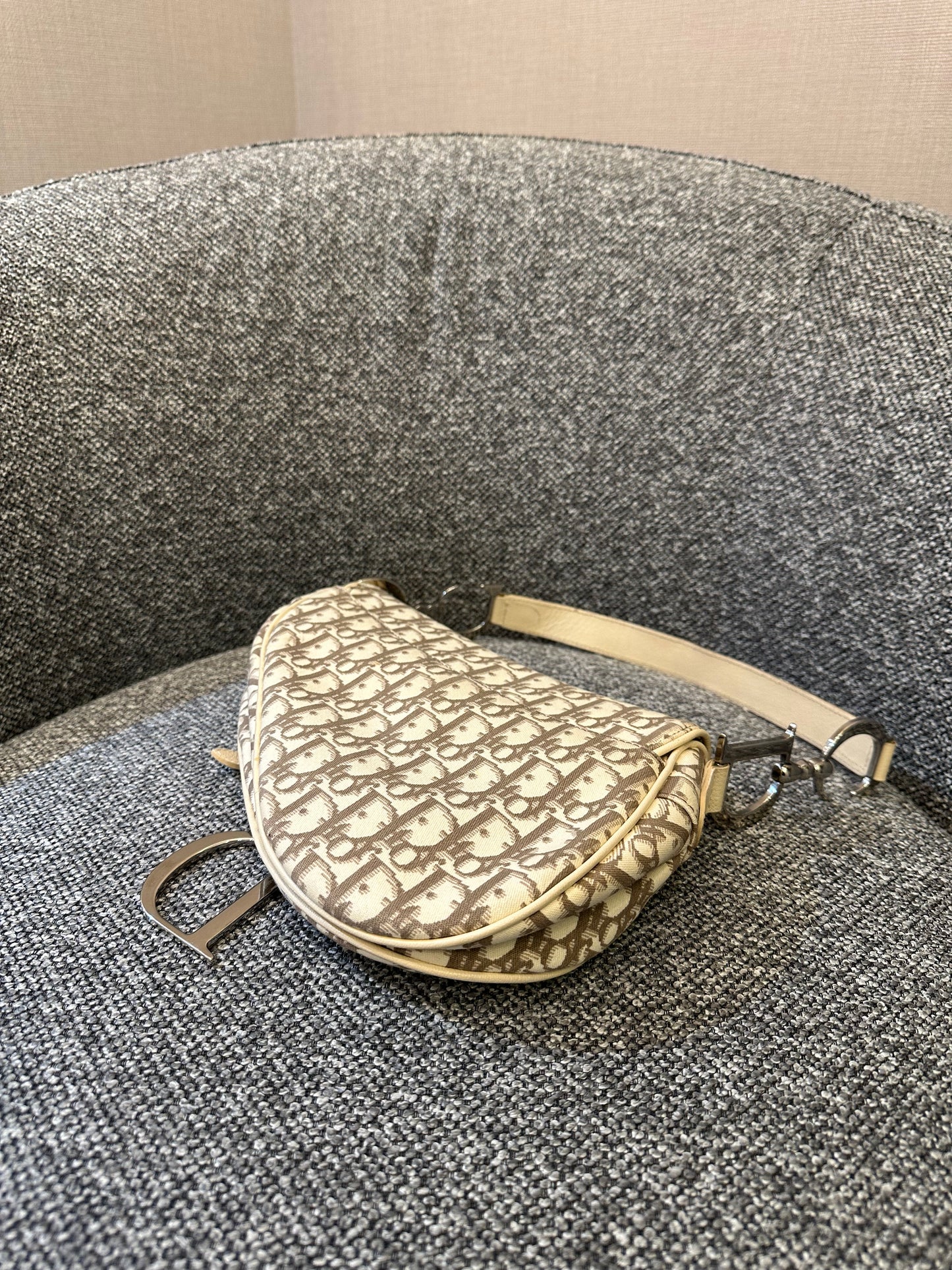 Christian Dior Trotter Saddle Bag in Beige Monogram Canvas with Multicolor Floral Embroidery